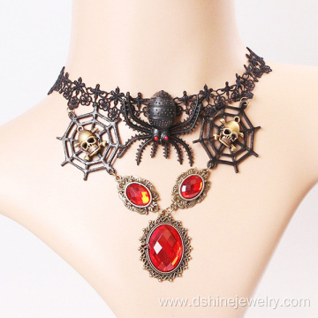 Spider skull charm choker Red stone pendant Lace Necklace